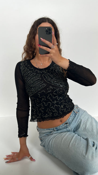 00s black sequin long sleeve top- size S