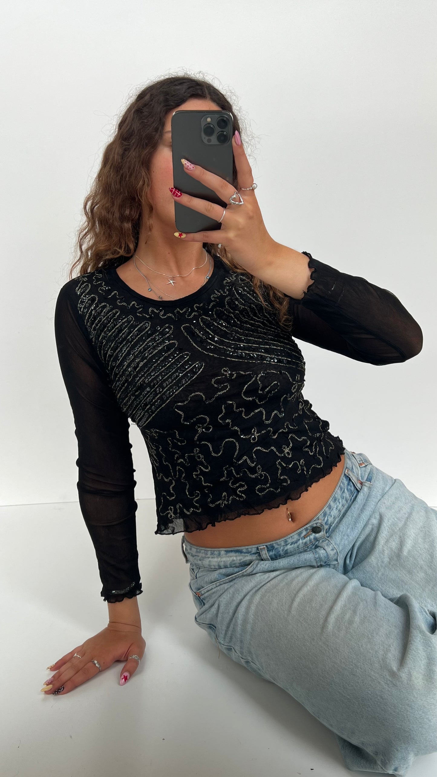 00s black sequin long sleeve top- size S