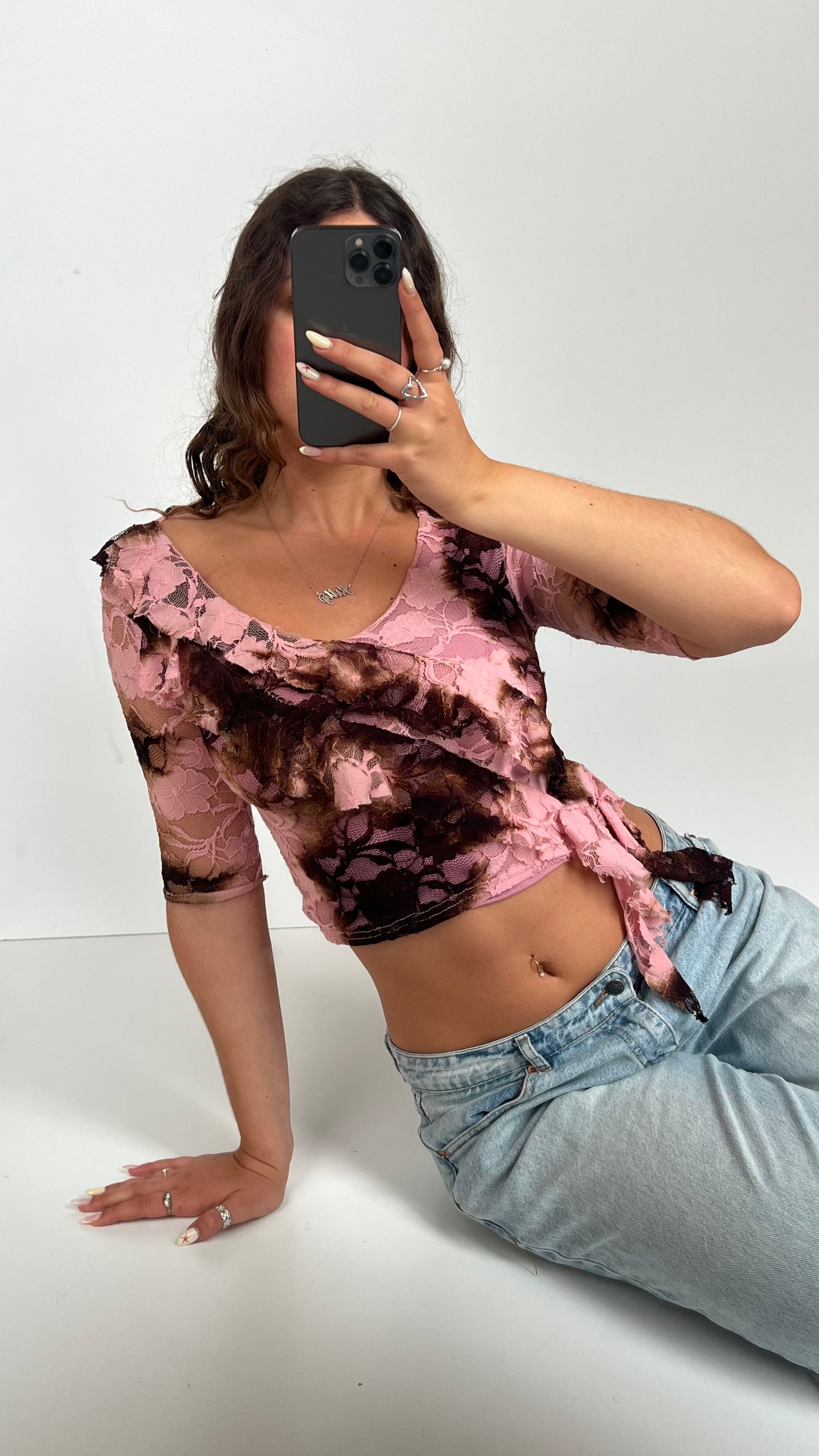 00s pink brown lace top- size XS