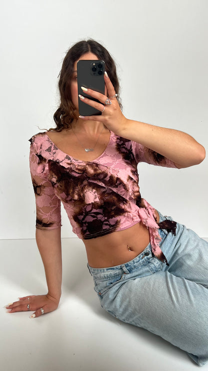 00s pink brown lace top- size XS