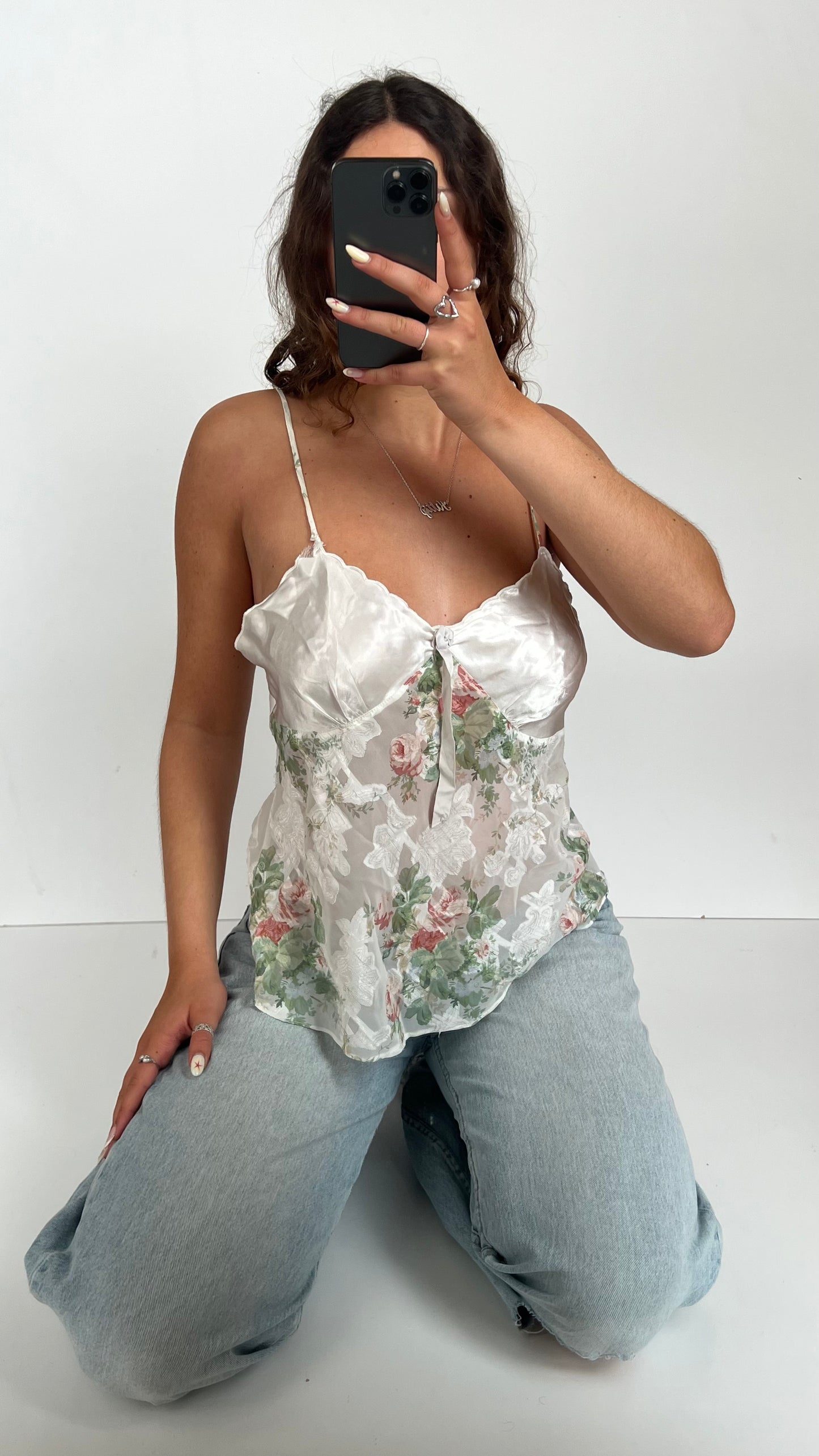 00s white floral mesh cami- size L