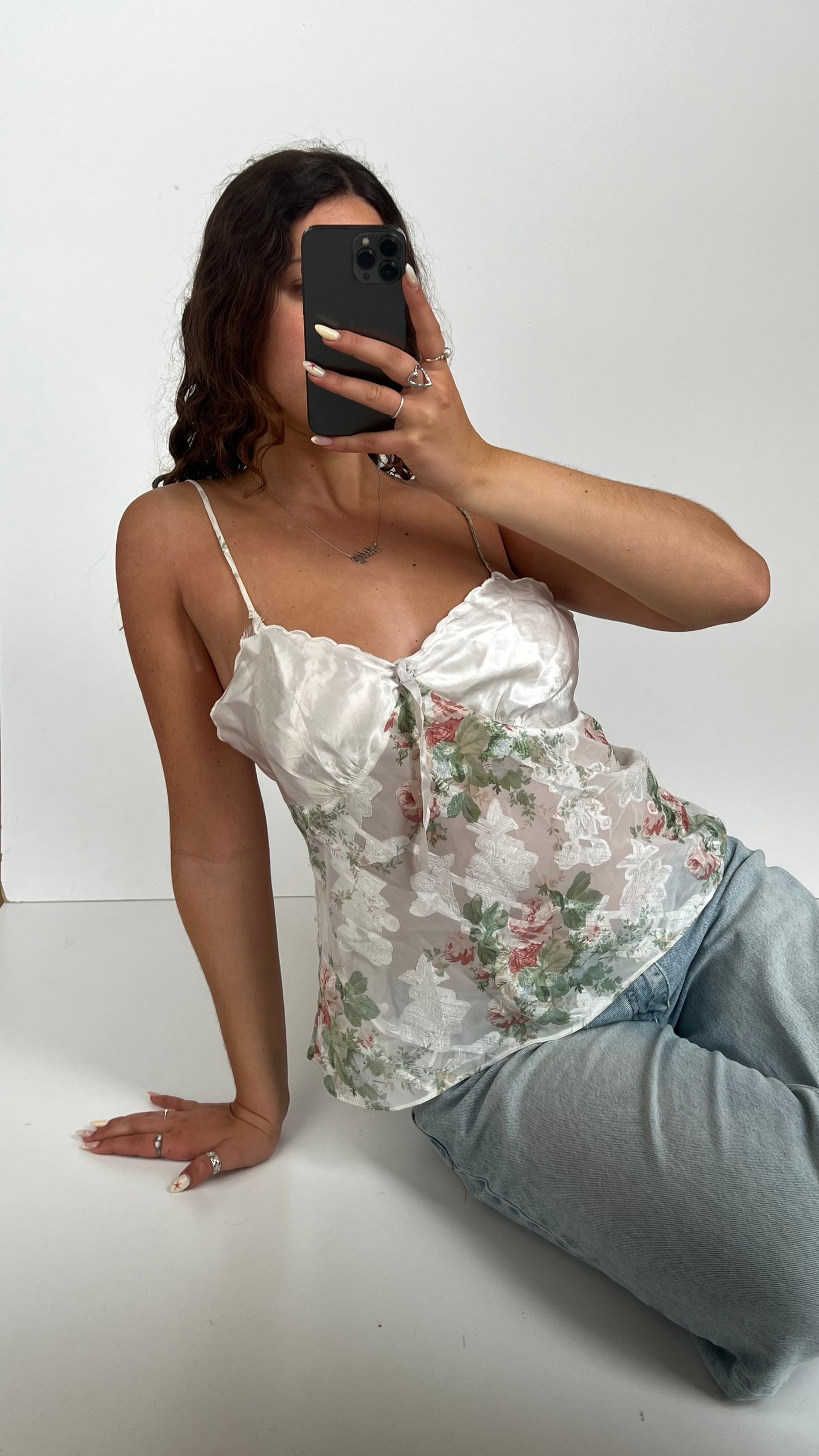 00s white floral mesh cami- size L