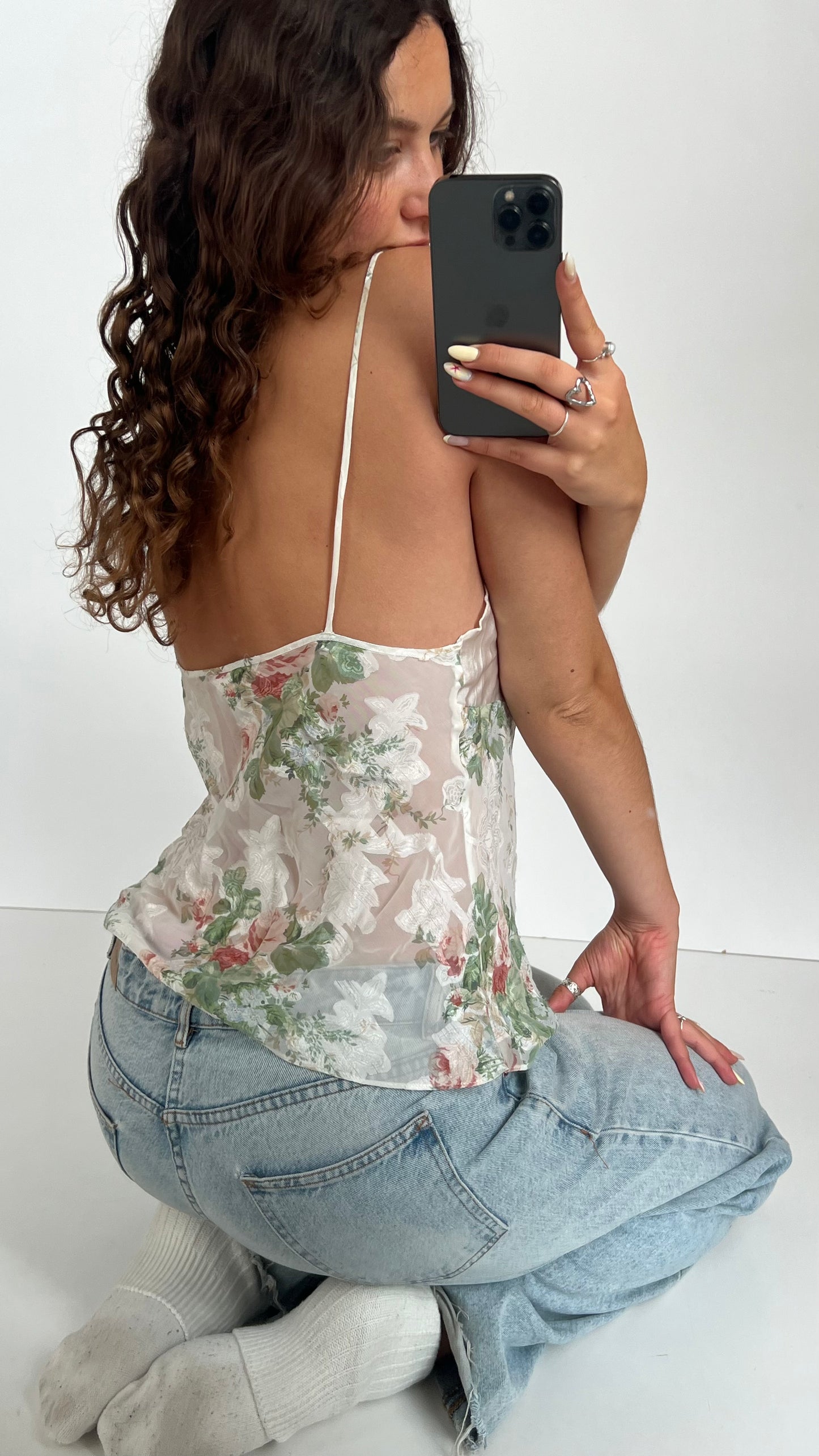00s white floral mesh cami- size L