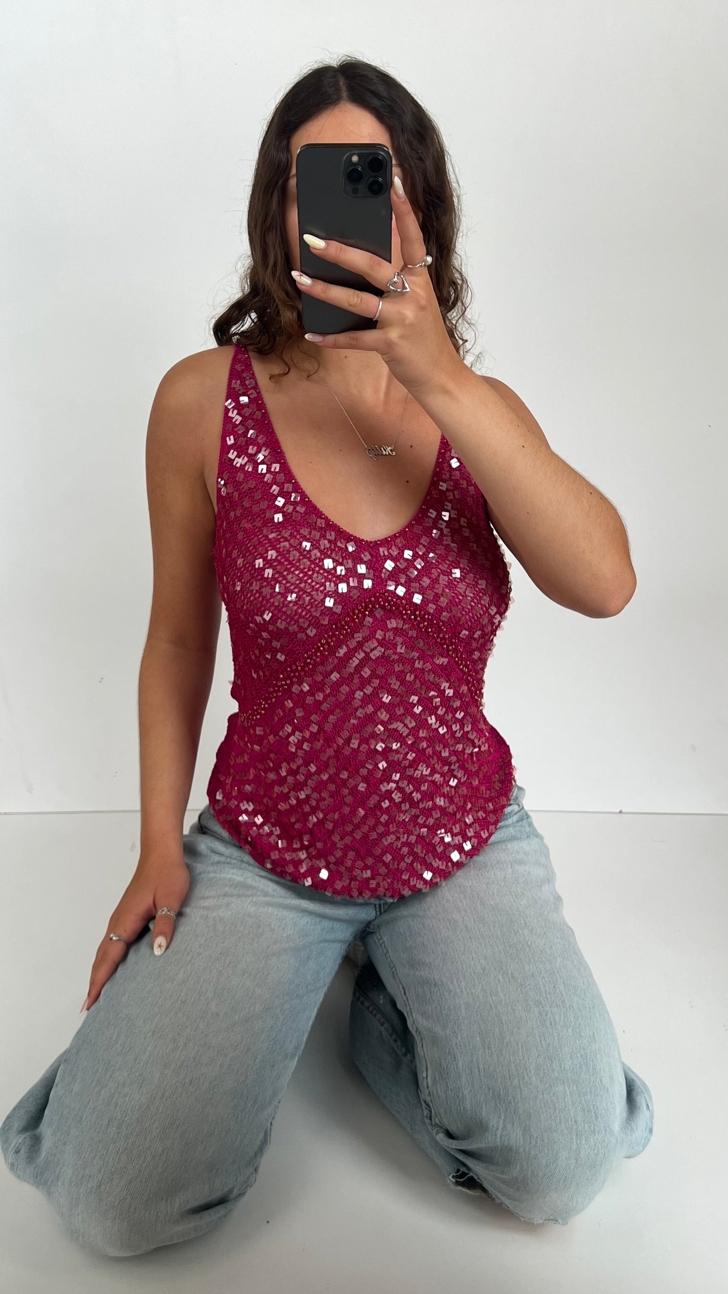 00s pink crochet sequin cami- size S/M