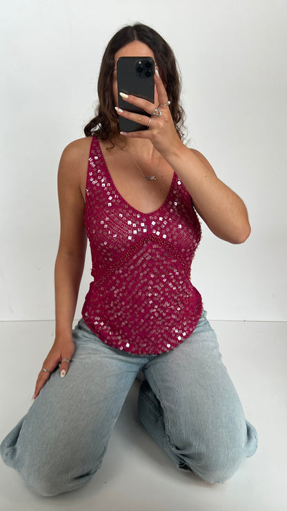 00s pink crochet sequin cami- size S/M
