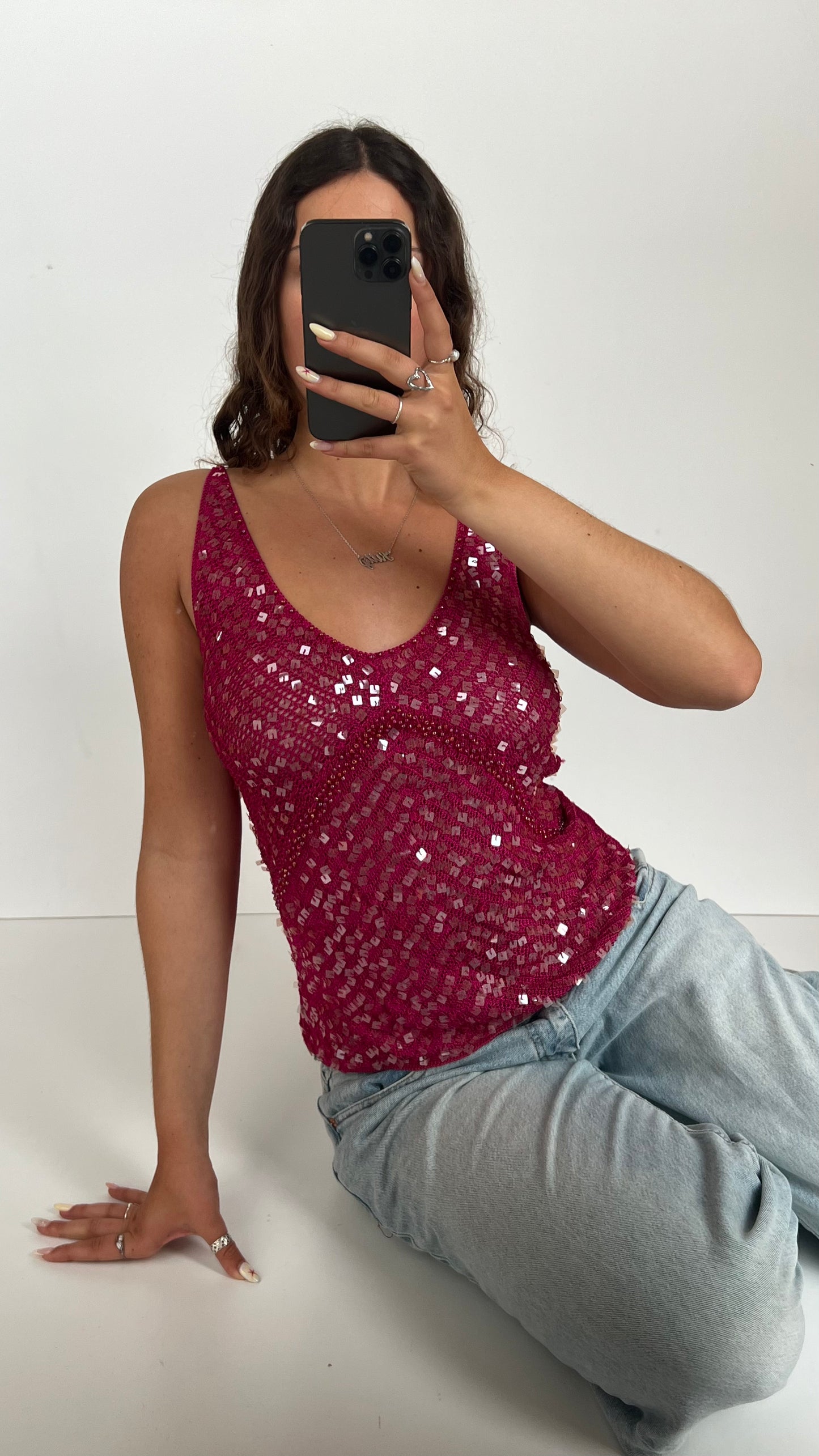 00s pink crochet sequin cami- size S/M