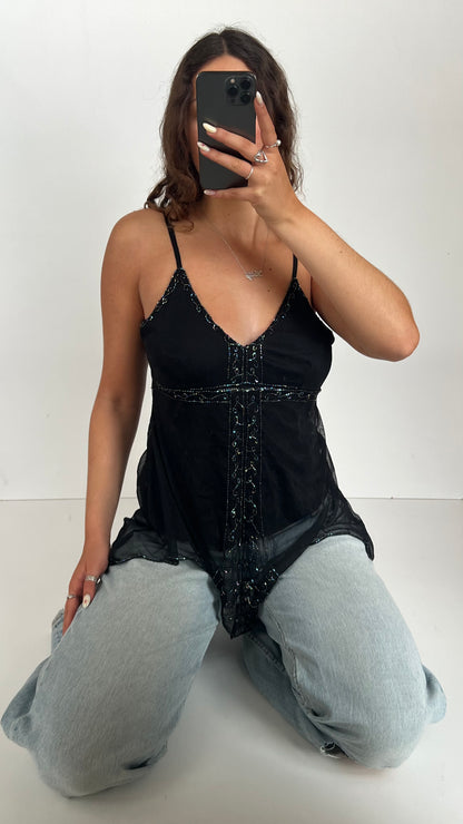 00s black mesh beaded cami- size M/L