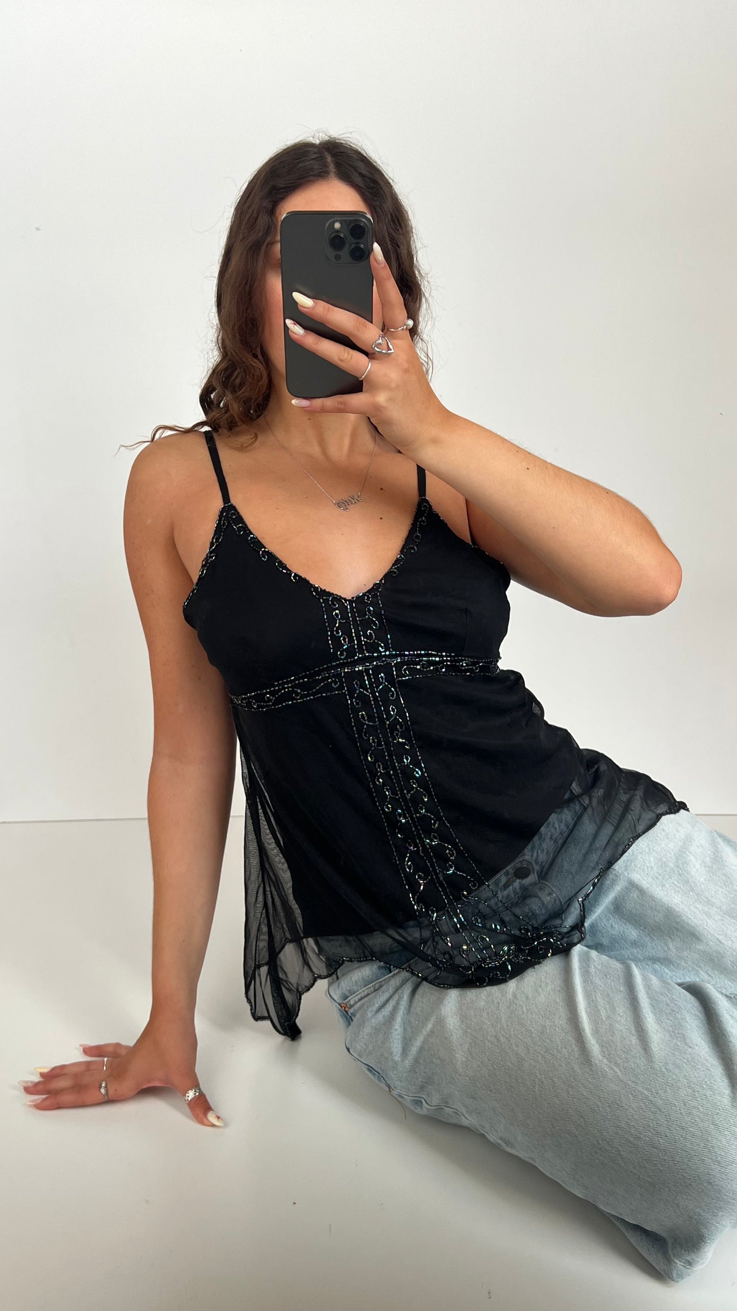 00s black mesh beaded cami- size M/L