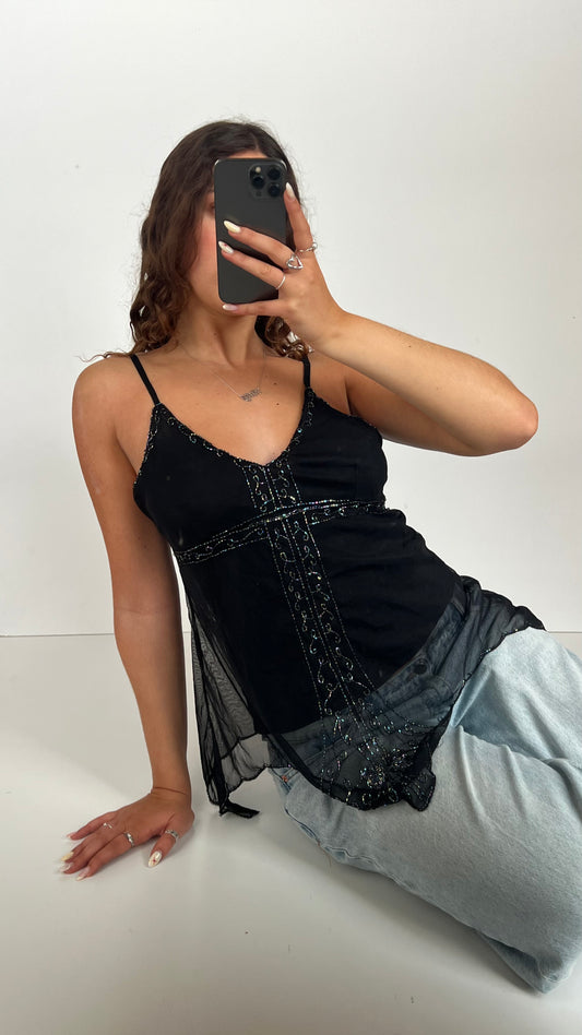 00s black mesh beaded cami- size M/L