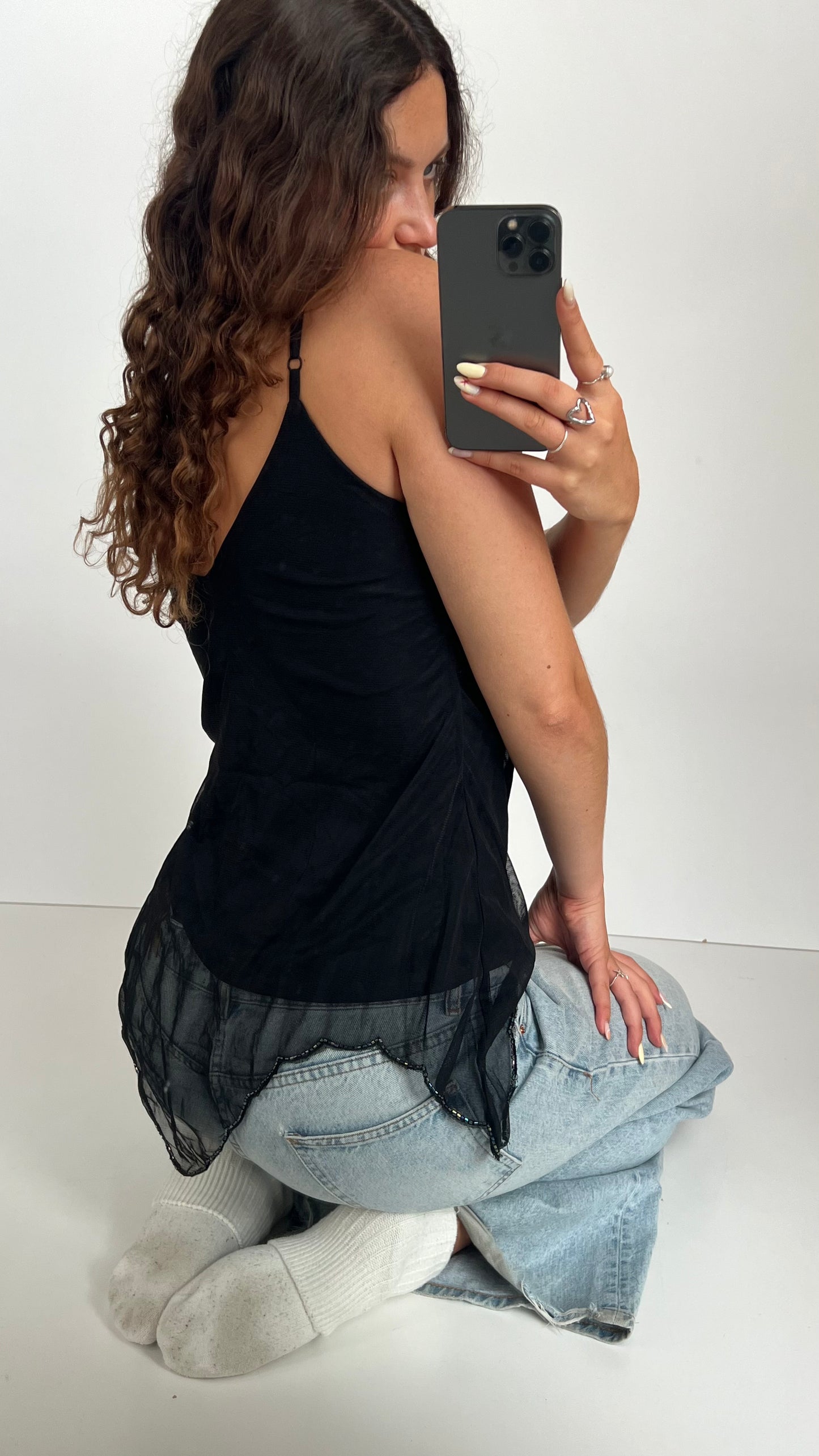 00s black mesh beaded cami- size M/L