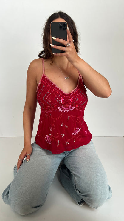 00s red beaded mesh cami- size L