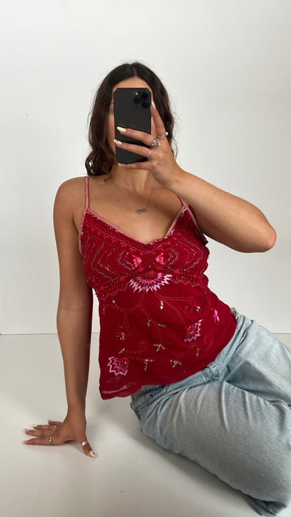 00s red beaded mesh cami- size L