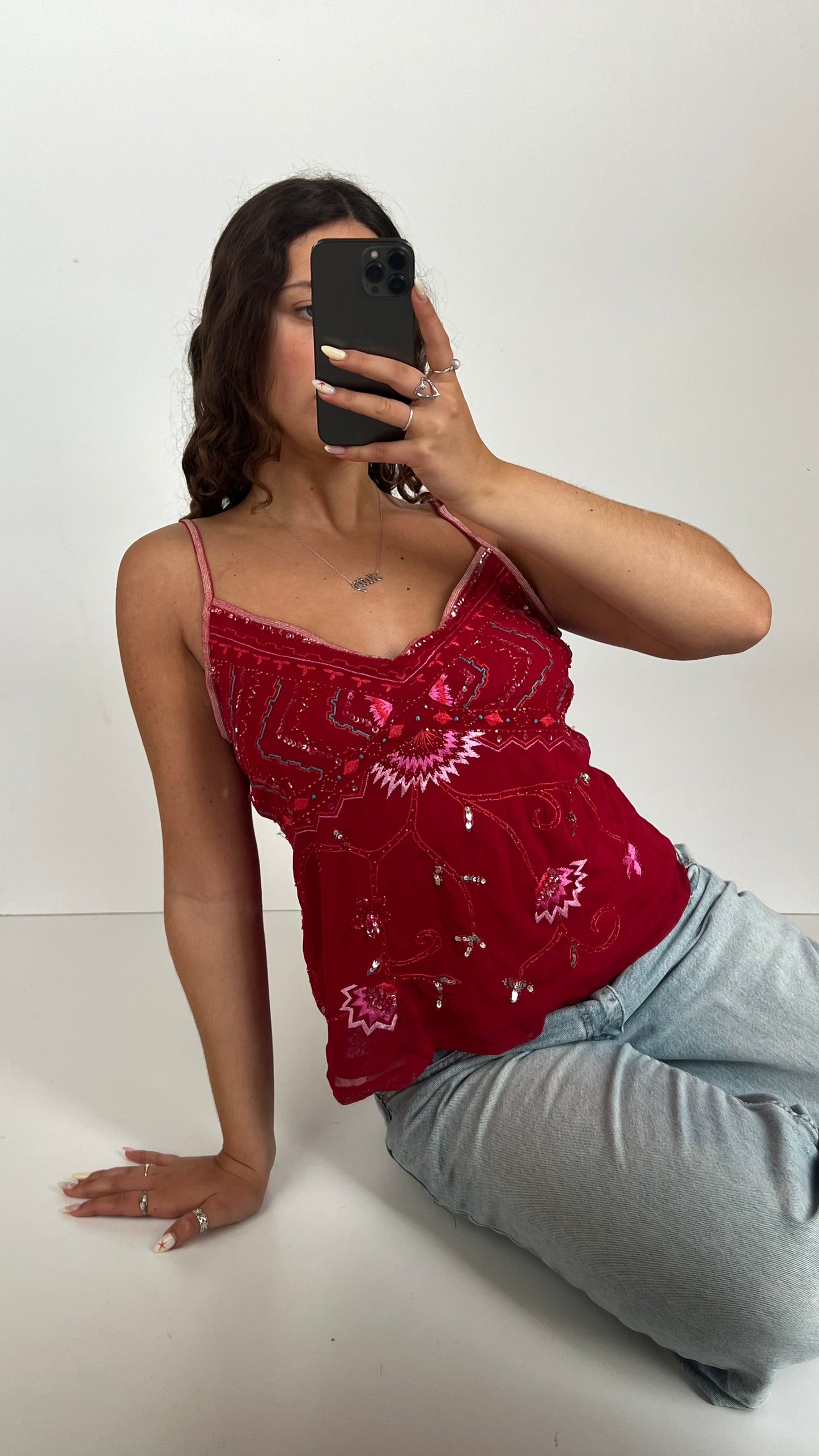 00s red beaded mesh cami- size L
