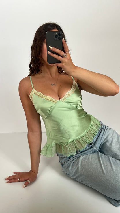 00s green silk lace cami- size S