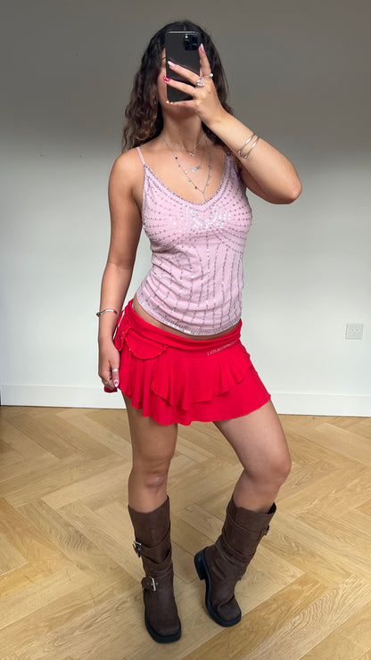 00s red ruffle mini skirt- size L