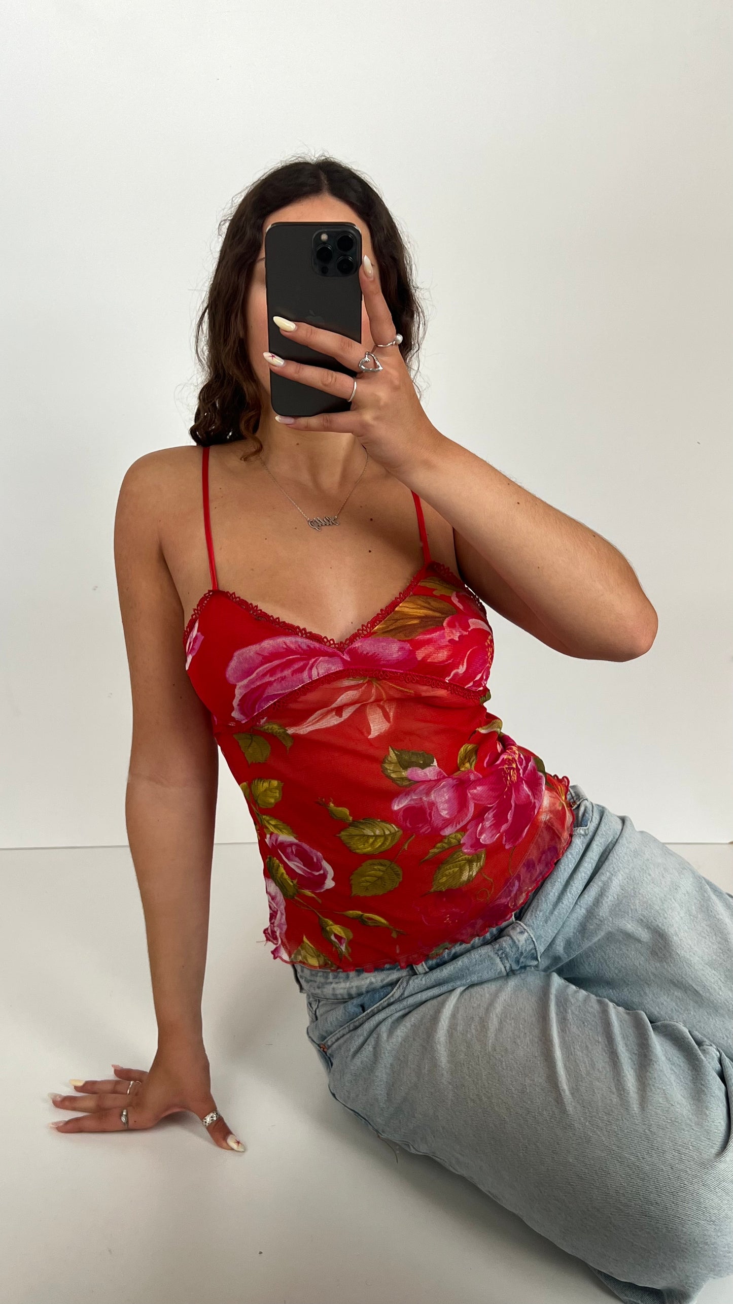 00s red mesh floral cami- size M