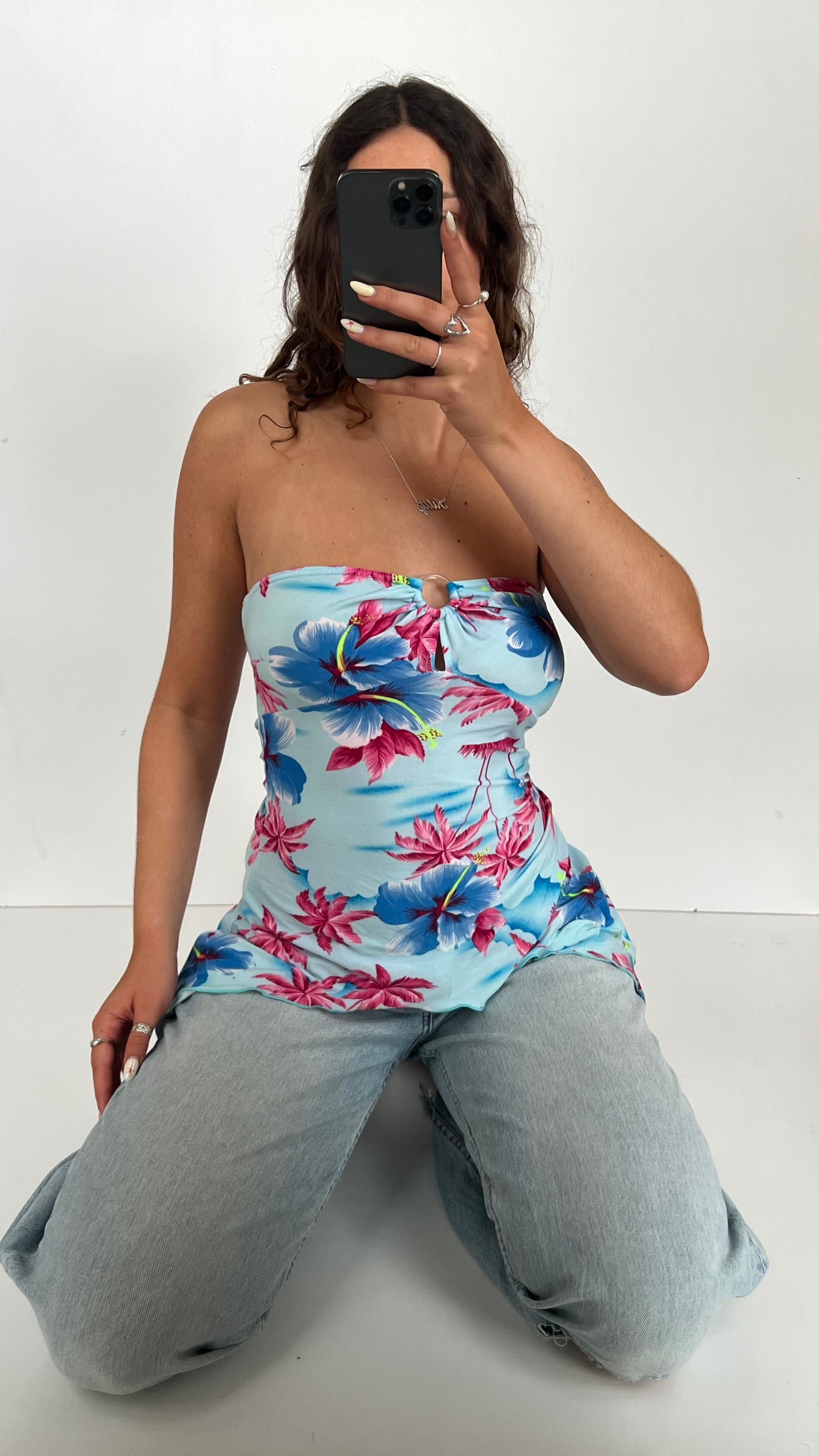 00s blue floral asymmetric cami- size M