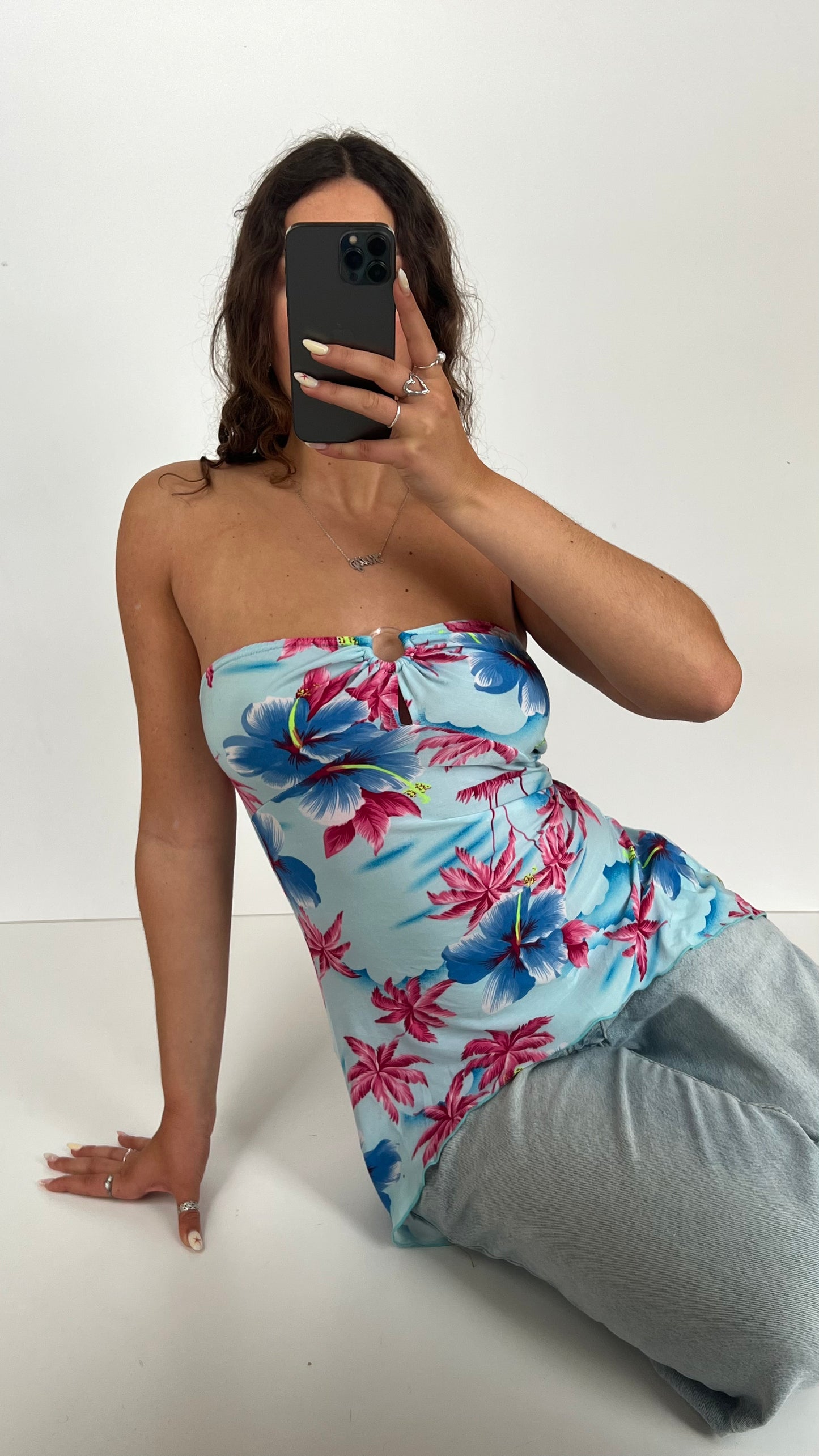 00s blue floral asymmetric cami- size M
