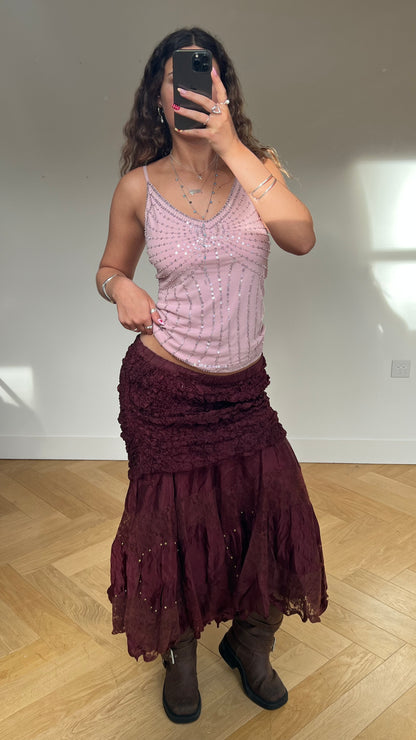 00s burgundy lace maxi skirt- size M