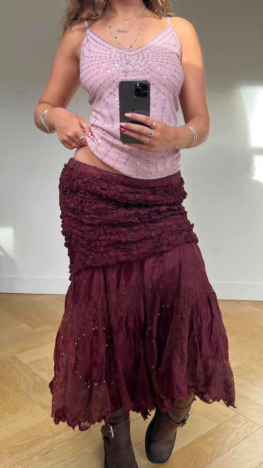 00s burgundy lace maxi skirt- size M