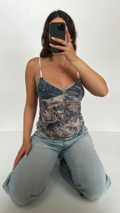 00s blue paisley mesh cami- size S