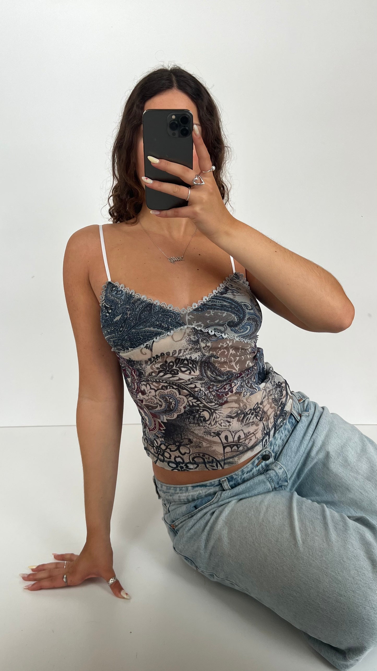 00s blue paisley mesh cami- size S