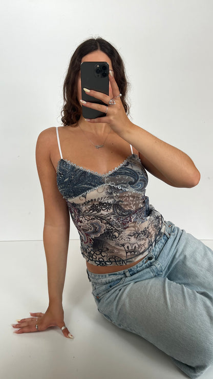 00s blue paisley mesh cami- size S