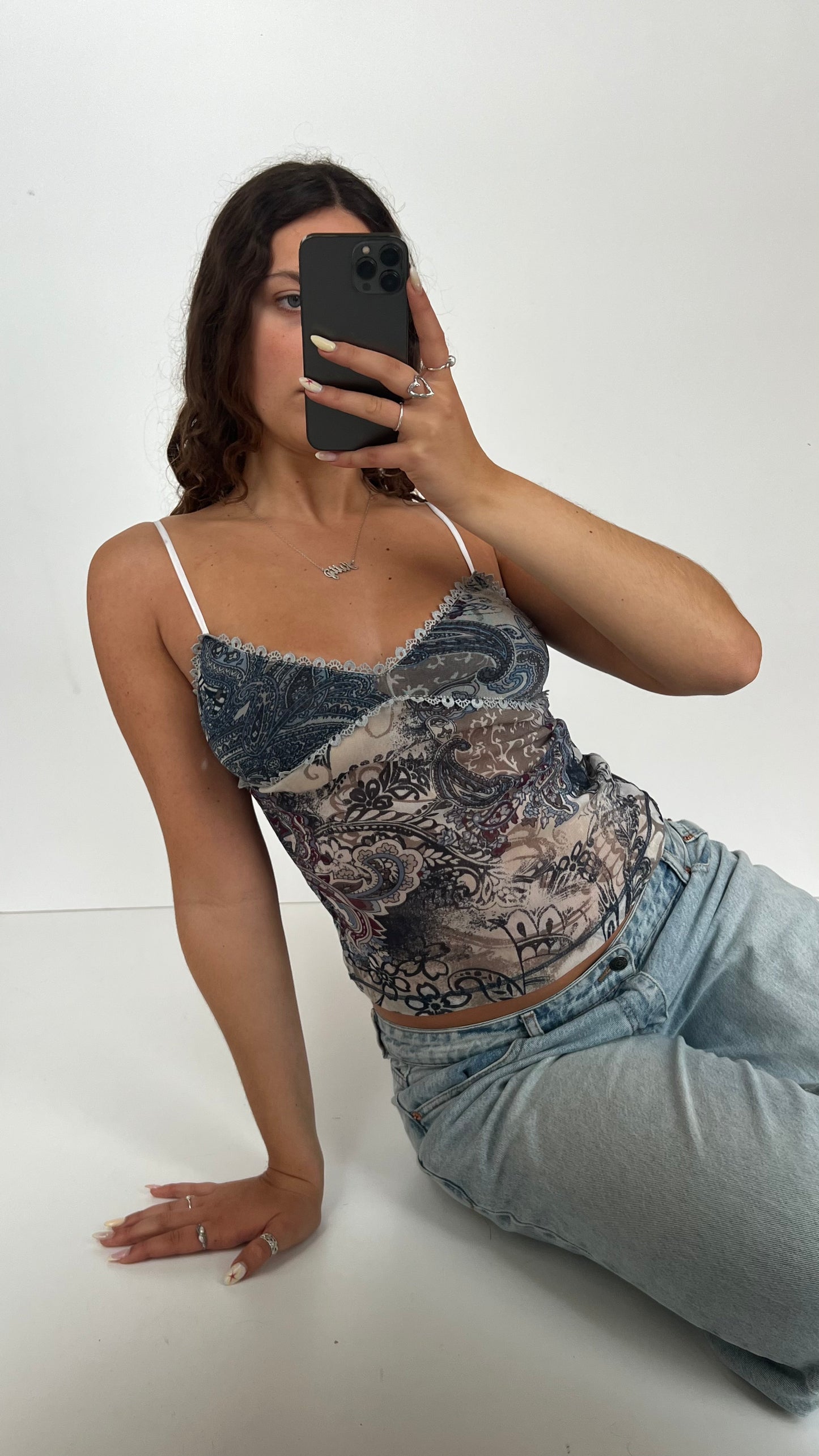 00s blue paisley mesh cami- size S
