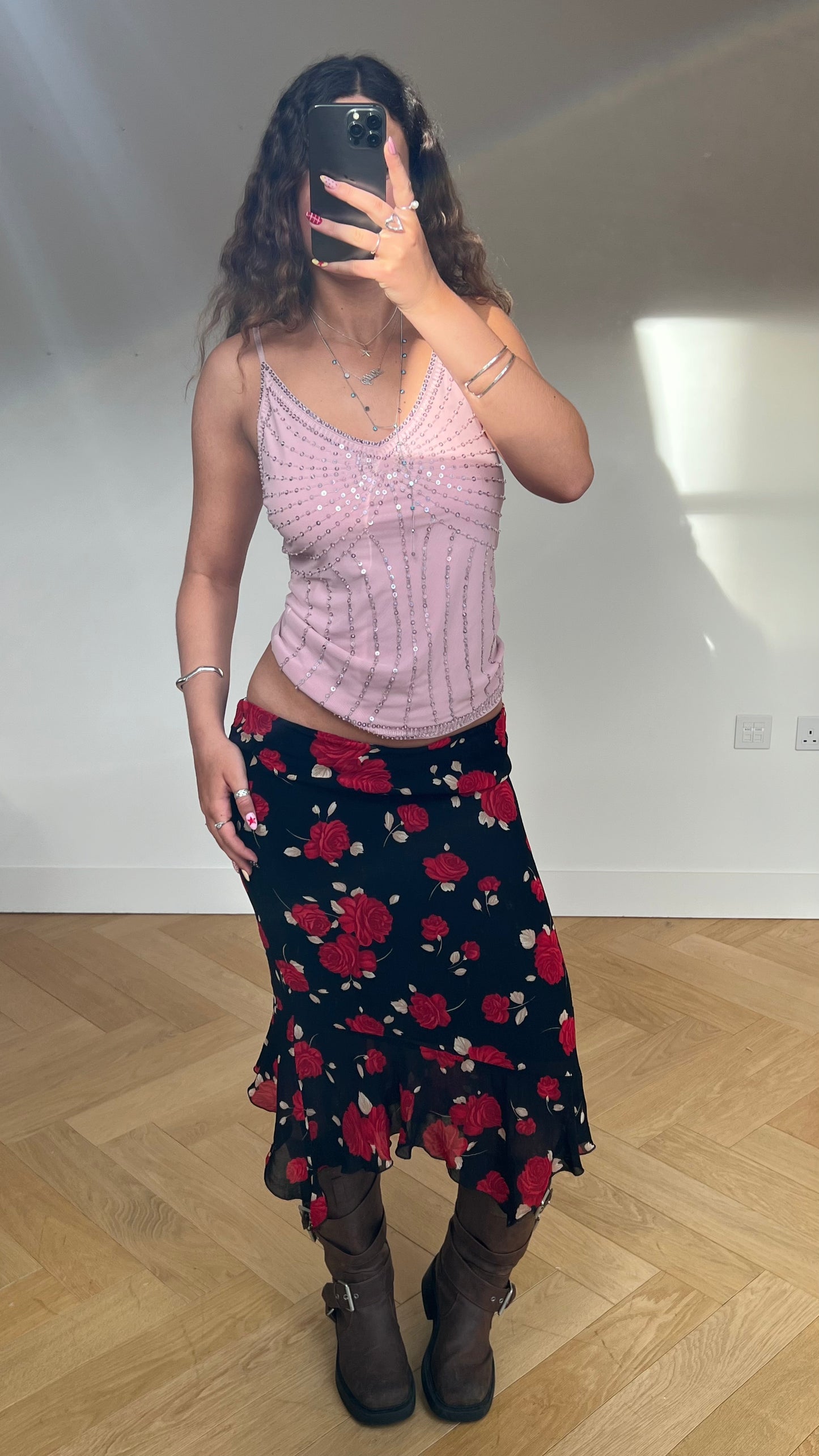 00s black red floral midi skirt- size XS