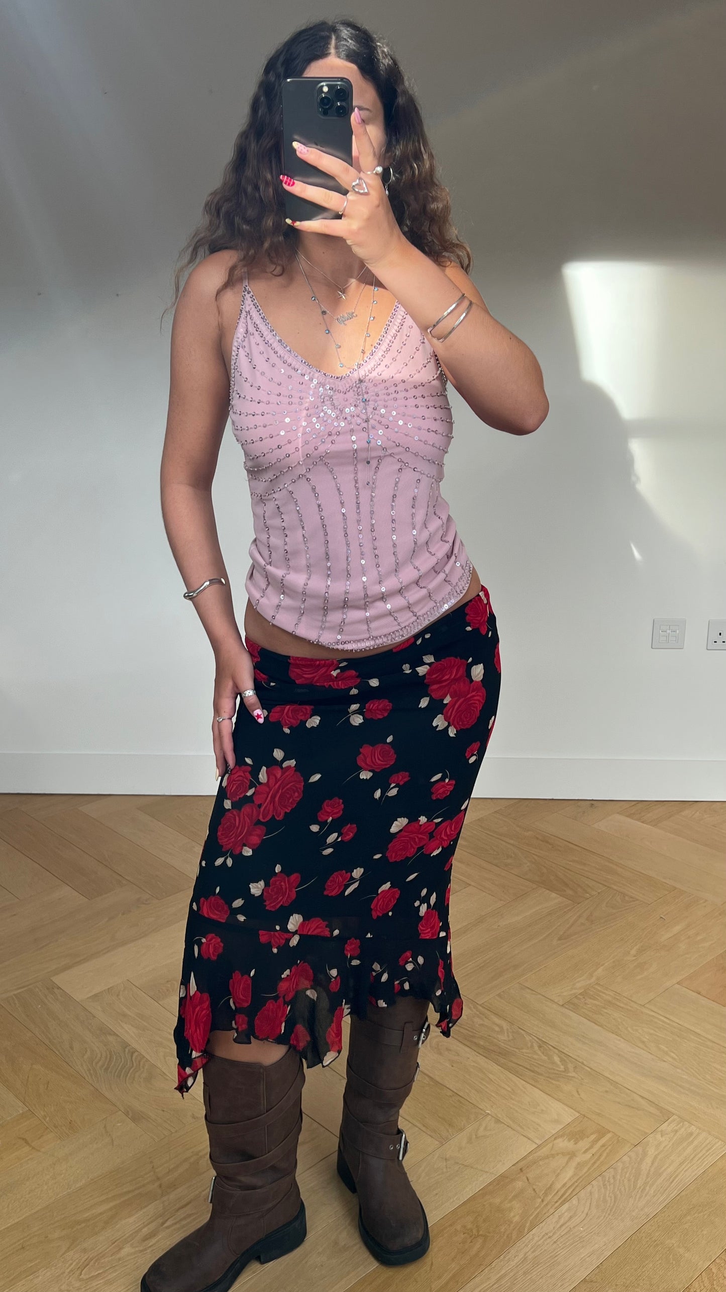 00s black red floral midi skirt- size XS