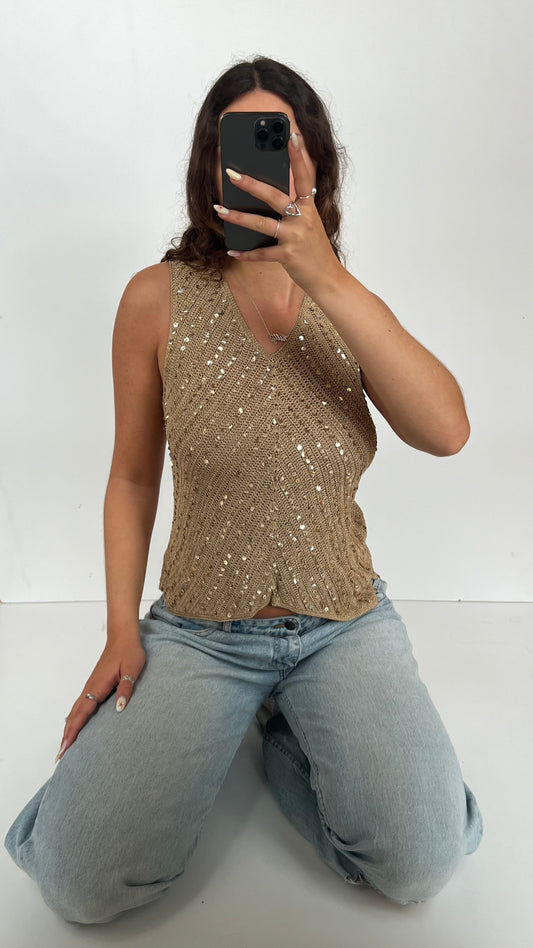 00s gold sequin crochet top- size L