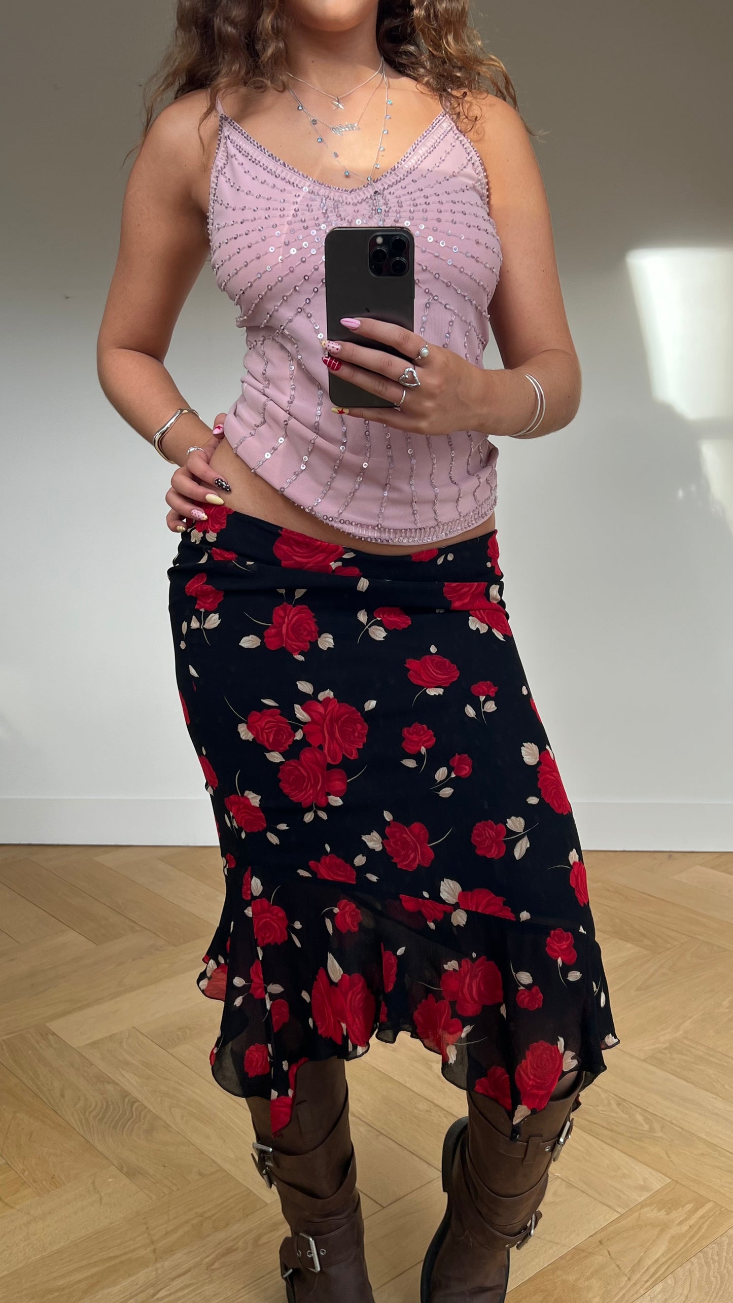 00s black red floral midi skirt- size XS