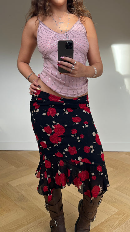 00s black red floral midi skirt- size XS