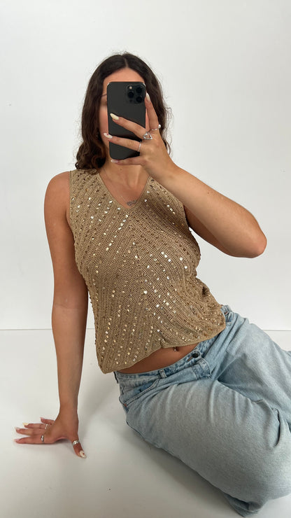00s gold sequin crochet top- size L