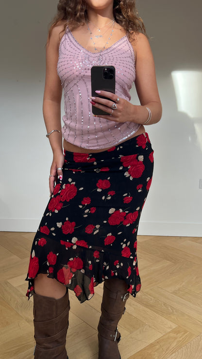 00s black red floral midi skirt- size XS