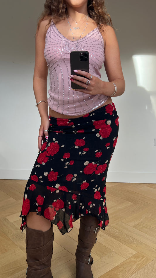 00s black red floral midi skirt- size XS