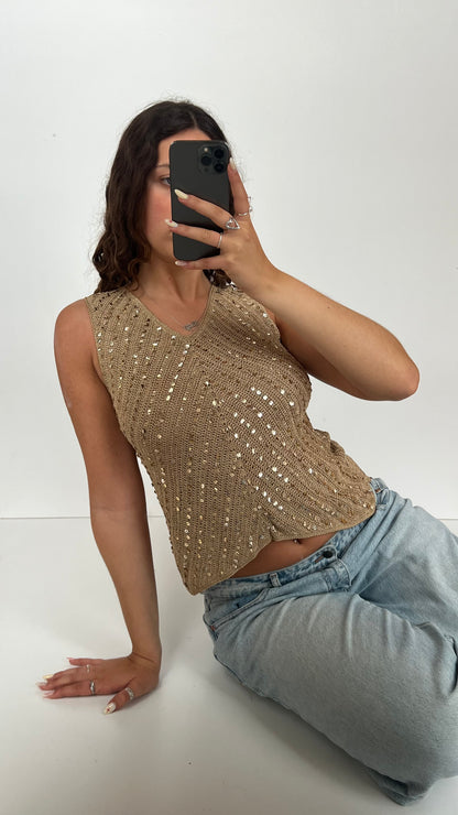 00s gold sequin crochet top- size L