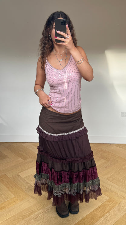 00s brown ruffle maxi skirt- size L