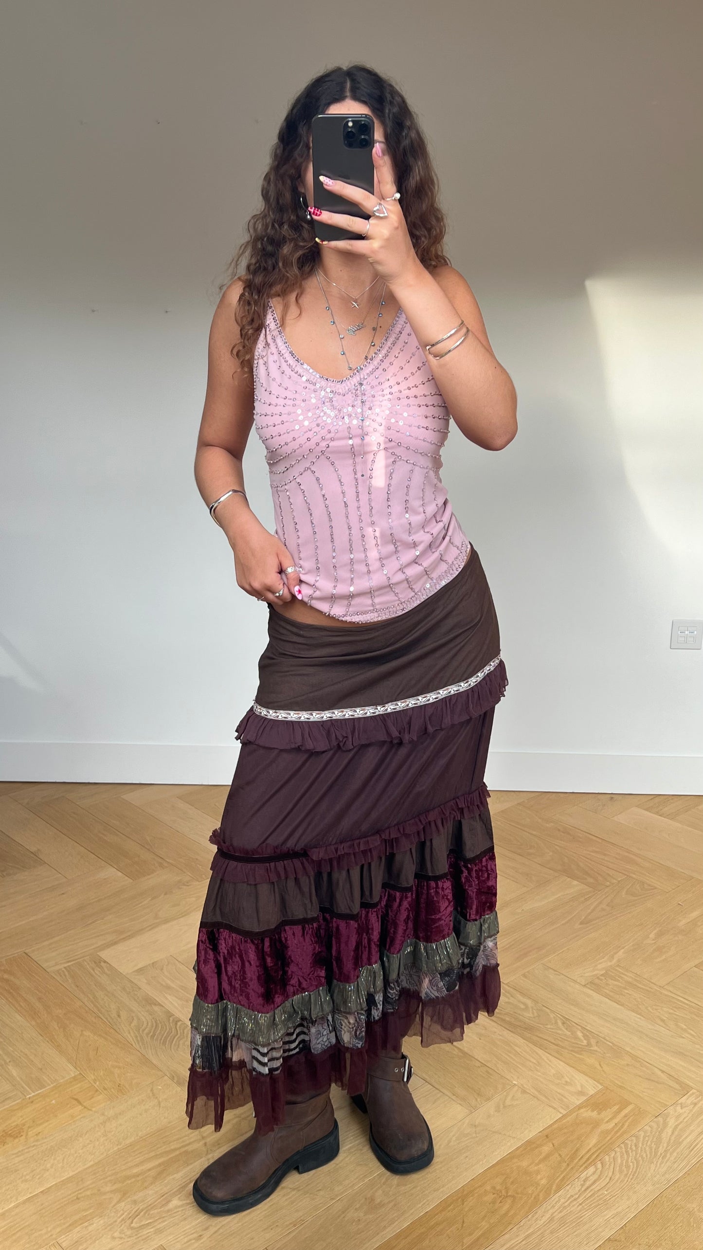 00s brown ruffle maxi skirt- size L