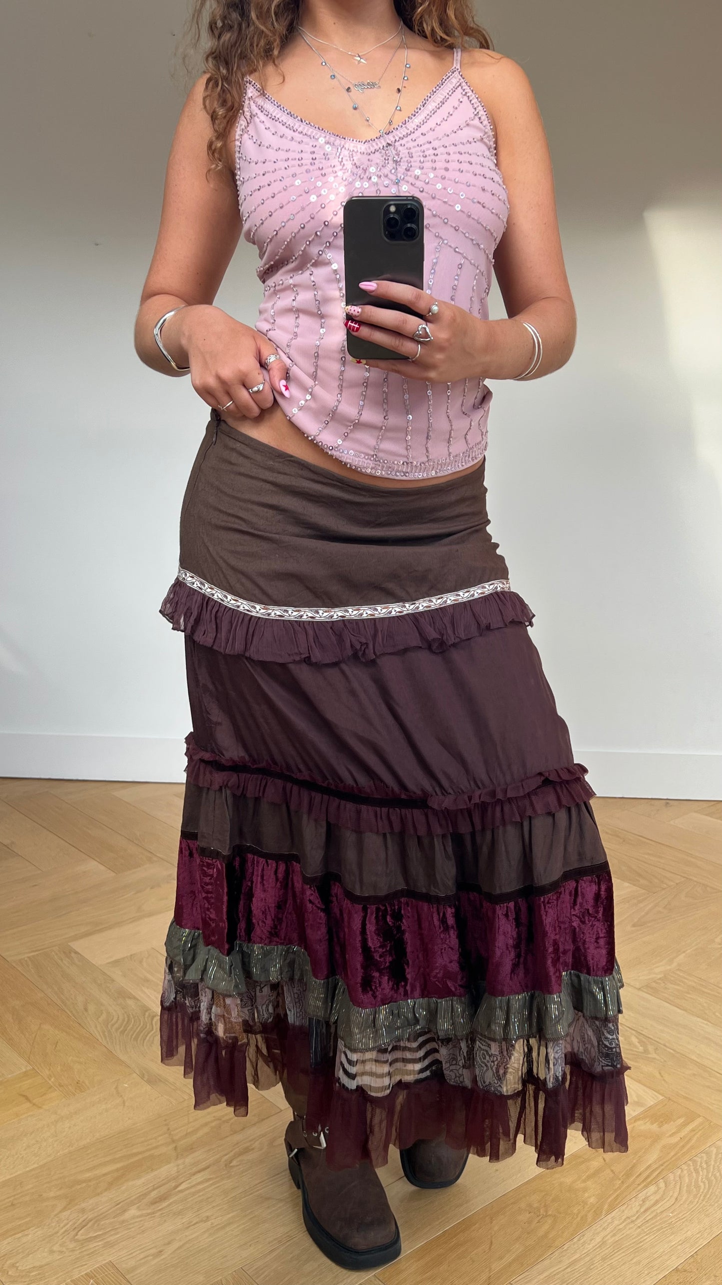 00s brown ruffle maxi skirt- size L
