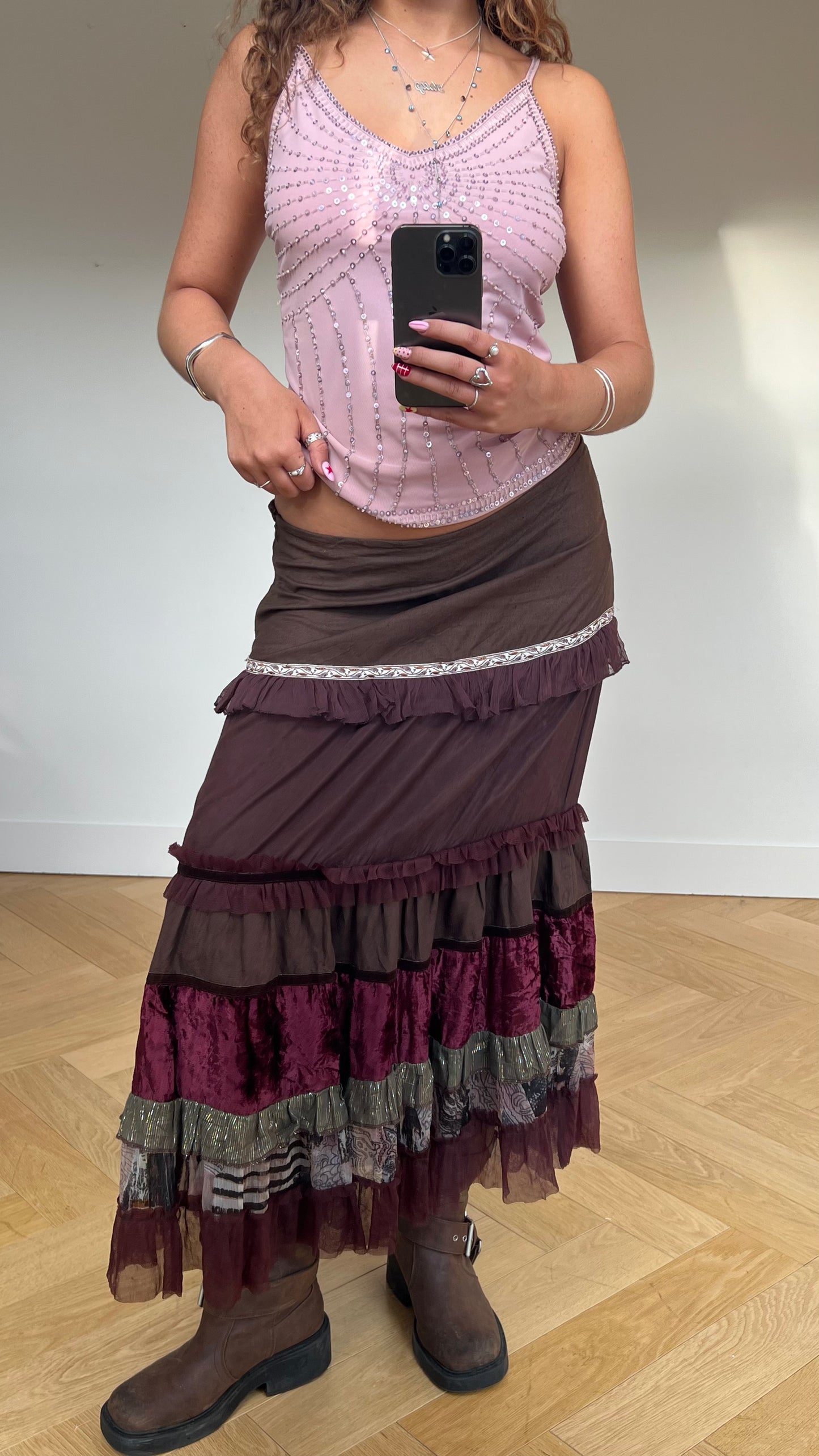 00s brown ruffle maxi skirt- size L
