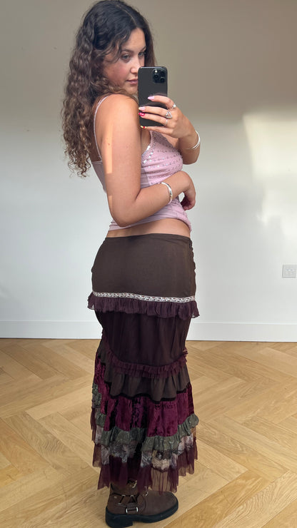00s brown ruffle maxi skirt- size L