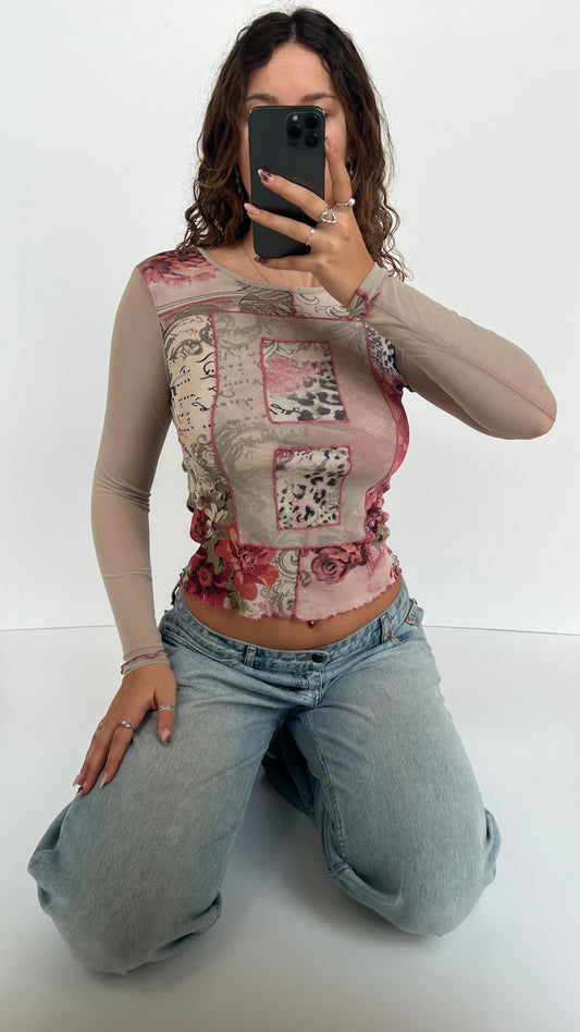 00s pink green mesh long sleeve top- size S