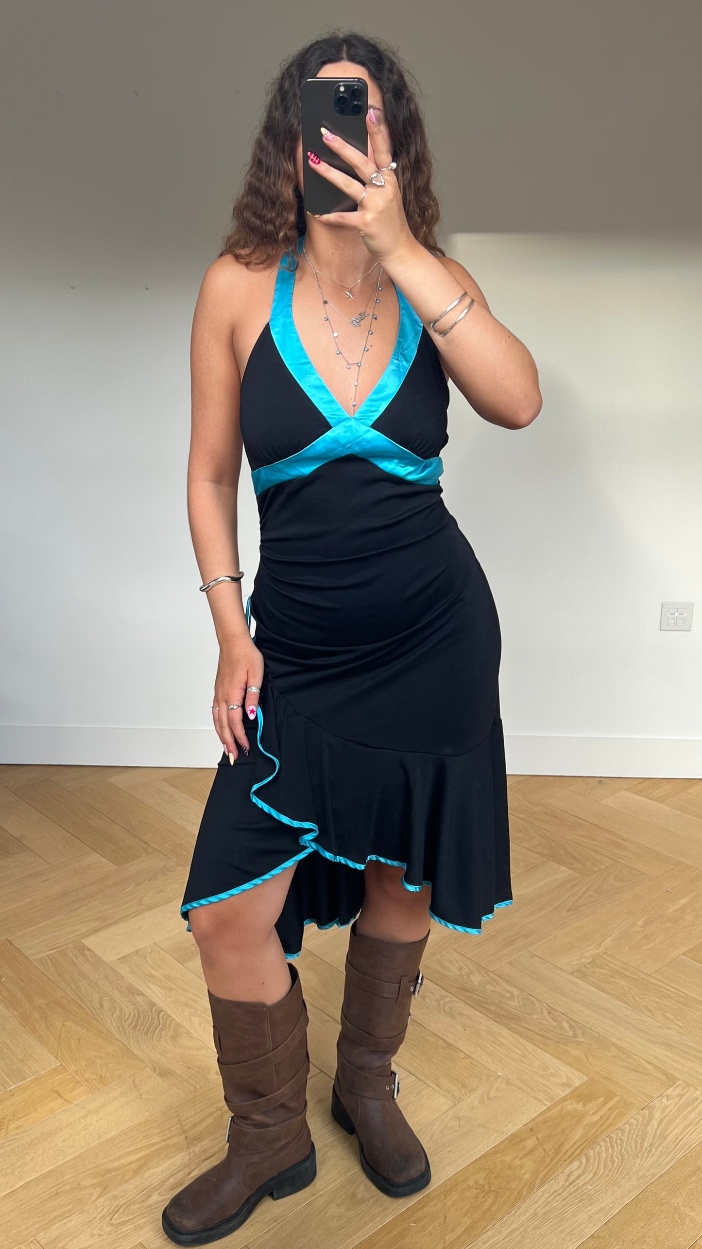 00s black blue midi dress- size XL