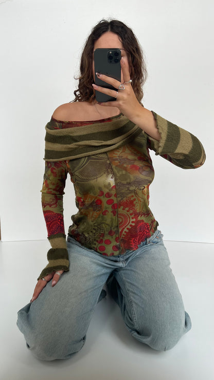 00s green striped mesh knit top- size M