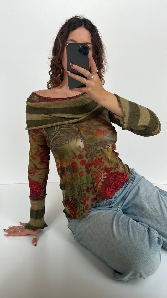 00s green striped mesh knit top- size M