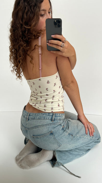 00s white pink floral cami- size L