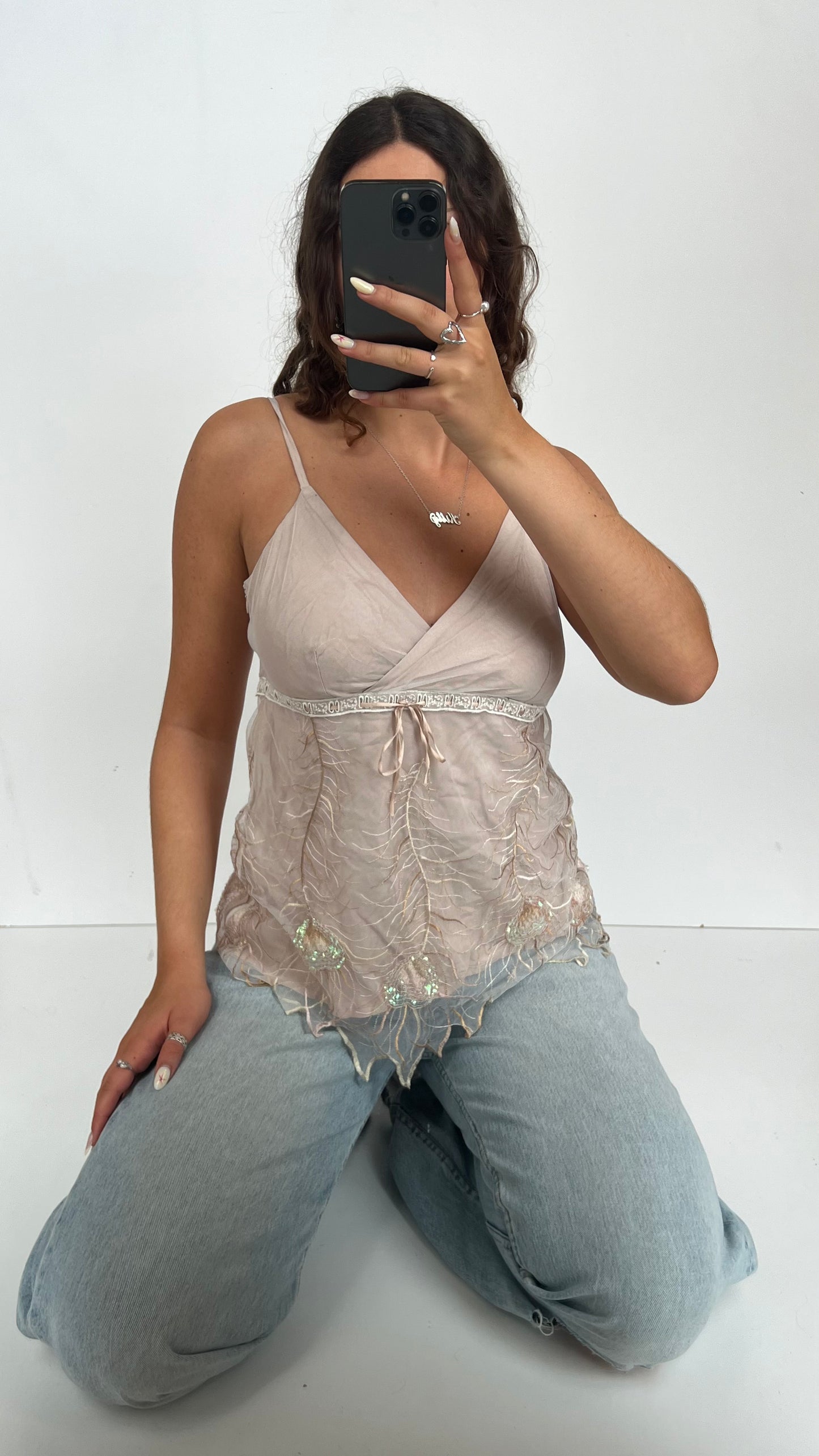 00s pink embroidered mesh cami- size M