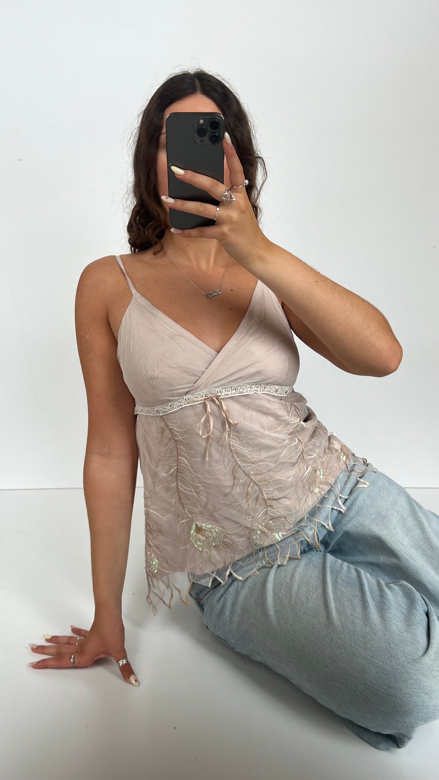 00s pink embroidered mesh cami- size M