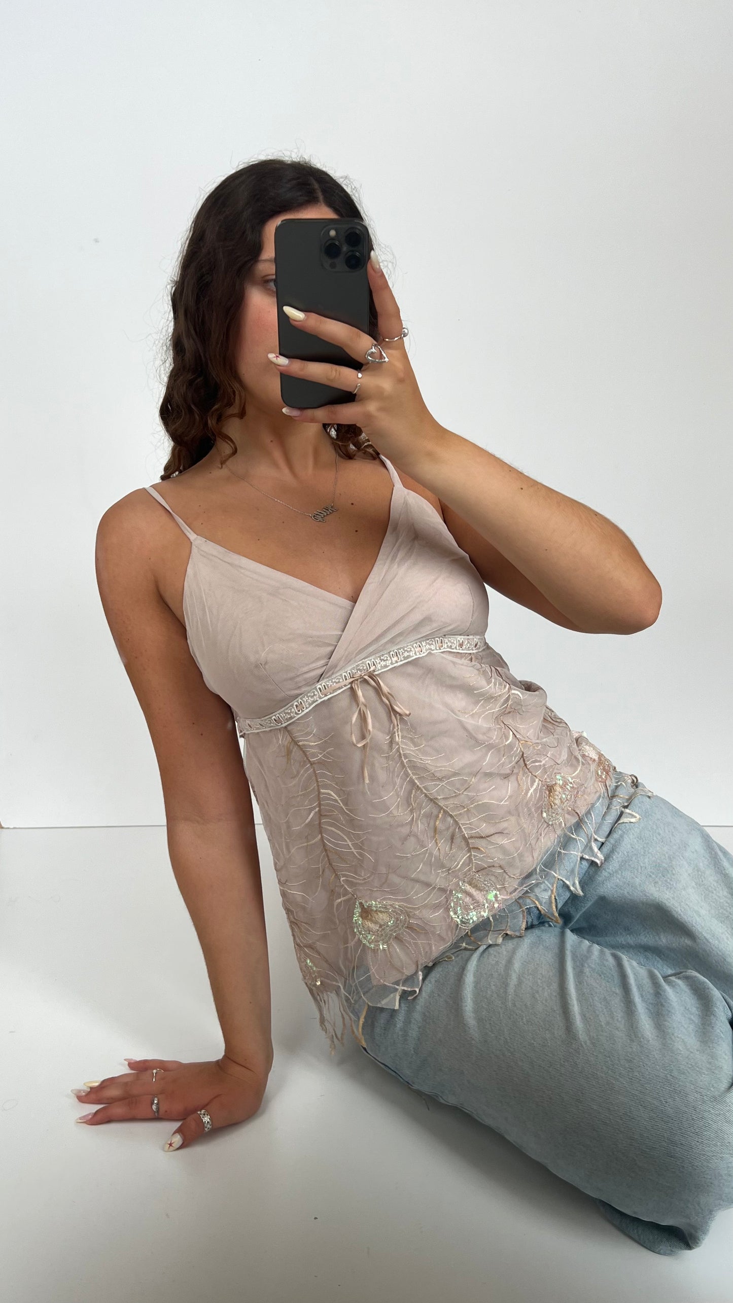 00s pink embroidered mesh cami- size M